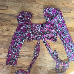 Floral PUFF sleeve crop with tie front